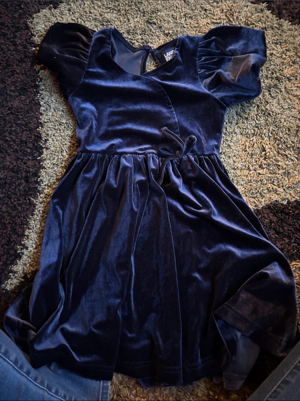 Lands' End Navy Velvet Puff-Sleeve Wrap-Front Dress